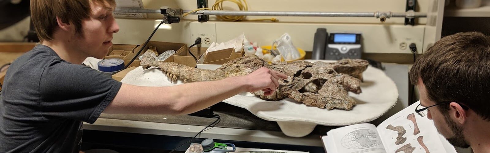 Two students study a phyotsaur fossil.